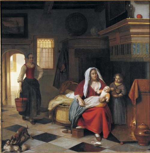 Une mère avec deux enfants et une femme de chambre avec un seau par une cheminée, 1675, Pieter de Hooch