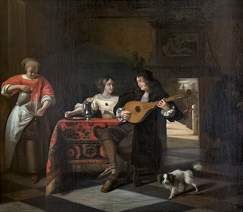 Joyeuse compagnie avec une mandoline et un chien, 1674, Pieter de Hooch