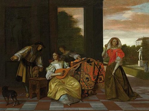 Joyeuse compagnie avec un singe sur une terrasse, 1669, Pieter de Hooch