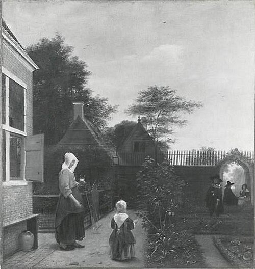 Femme avec un verre de vin et un enfant dans un jardin, 1659, Pieter de Hooch