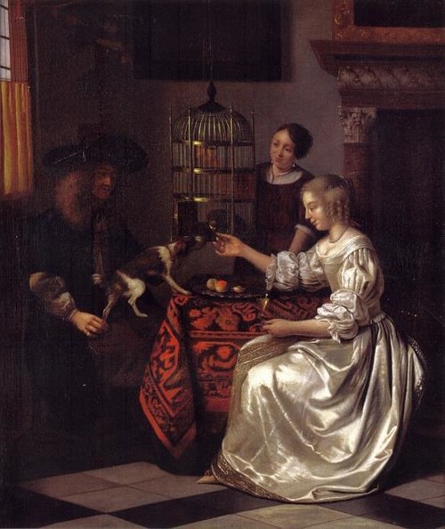 Jeune femme de nourrir un perroquet, avec un homme et une femme, 1669, Pieter de Hooch