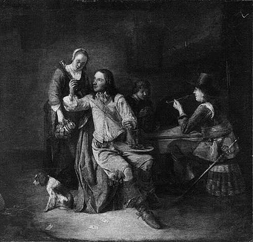 Deux soldats avec une femme et un garçon dans une taverne, 1653, Pieter de Hooch