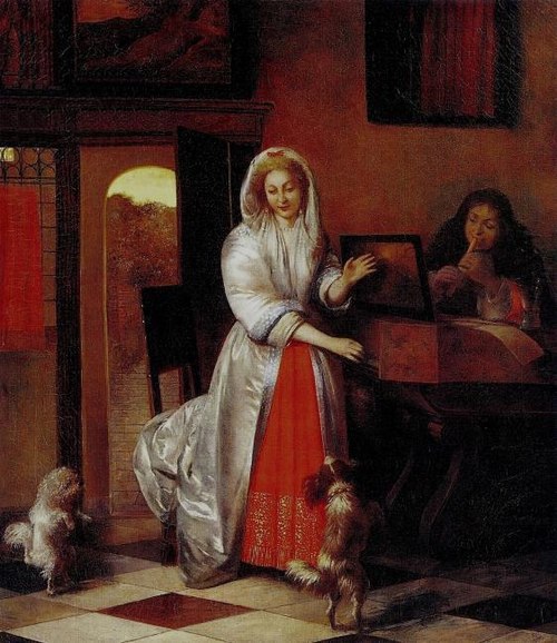 Une dame et un homme faire de la musique avec deux chiens dansant, 1682, Pieter de Hooch