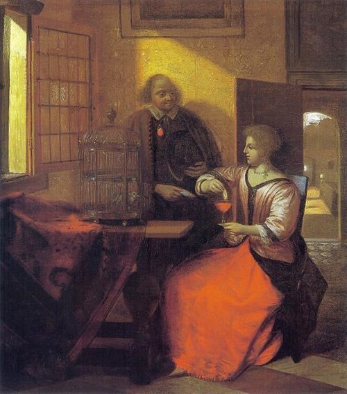 Homme avec une lettre et une femme de nourrir un oiseau, 1682, Pieter de Hooch