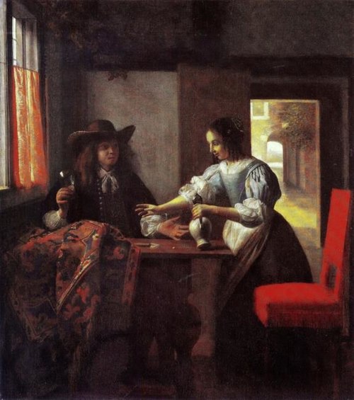 Homme avec un verre et une femme avec une cruche dans un intérieur, 1669, Pieter de Hooch