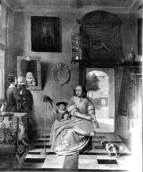 Intérieur avec deux femmes, deux enfants et un perroquet, 1673, Pieter de Hooch