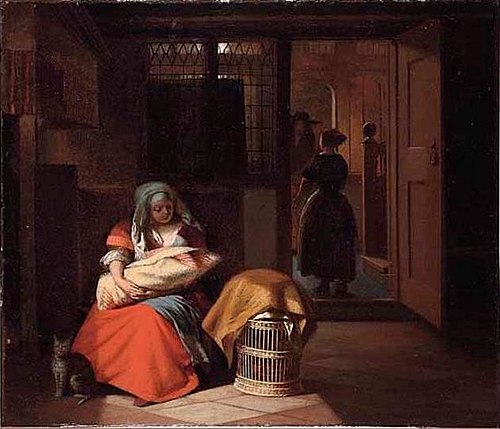 Une femme avec un bébé sur ses genoux et une servante, 1677, Pieter de Hooch