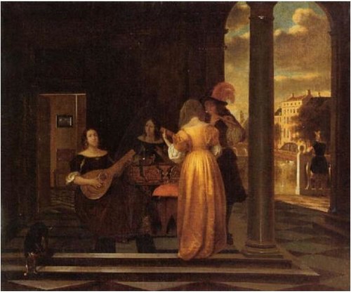 An Elegant Company Making Music in a Vestibule, with a View of a City, 1670, Pieter de Hooch