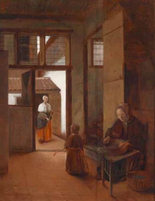 Interior with a woman and a child; outside a maid is sweeping the yard, 1655, Pieter de Hooch