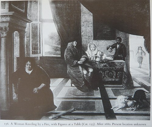A Woman kneeling by a Fire with Figures at a Table, 1682, Pieter de Hooch