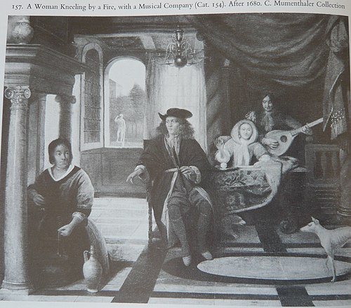 A Woman kneeling by a Fire with a Musical Company, 1682, Pieter de Hooch