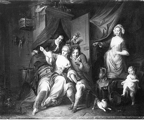 Die Überraschungsszene aus der Oper "Blaise le Savetier" von Philidor, 1763, Johann Christian von Mannlich