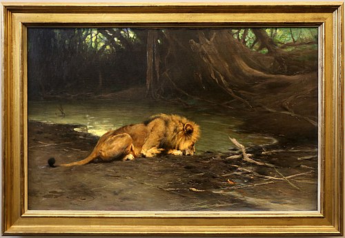 leone che si abbevera a una pozza d'acqua, , Wilhelm Kuhnert