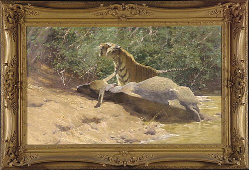 Koningstijger met geslagen Indische buffel, 1903, Wilhelm Kuhnert
