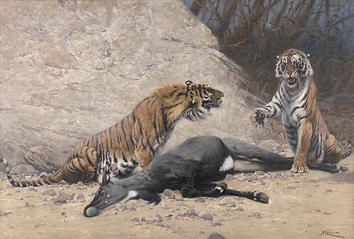 Koningstijgers met geslagen Nijlgau, 1903, Wilhelm Kuhnert