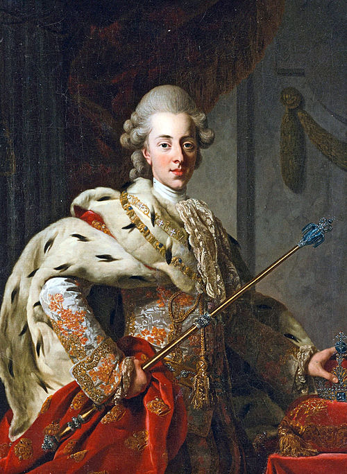 Portræt af Christian VII, knæstykke, i kroningsdragt og holdende krone og scepter, 1772, Alexandre Roslin