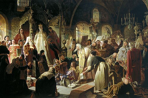 Nikita Pustosvyat. Debate about faith, 1881, Vassili Perov