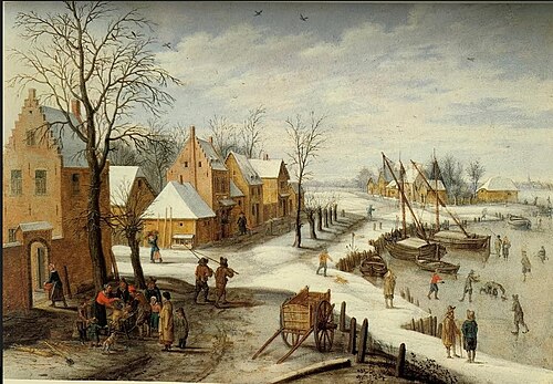 Winter landscape with a village on a frozen river, 1660, Isaak van Oosten