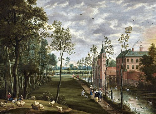 Landscape with elegant Figures strolling near an Estate, 1656, Isaak van Oosten