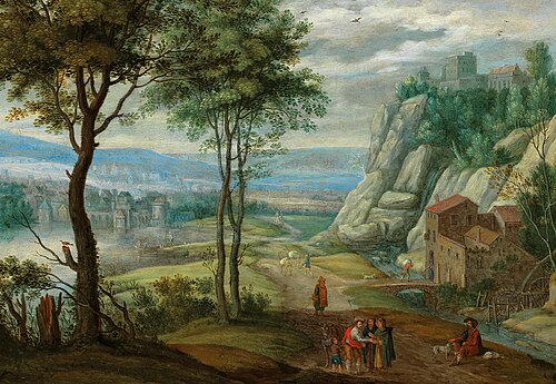 Wooded rocky landscape with pilgrims, , Isaak van Oosten