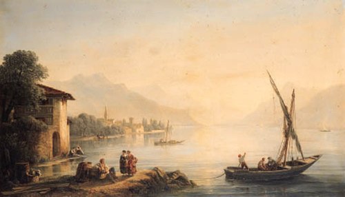 A Swiss lake landscape with fishermen in the foreground, a town beyond, 1844, Isidore Dagnan