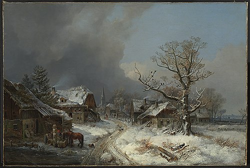 Dorfstrasse im Winter mit Tränke, 1842, Heinrich Bürkel