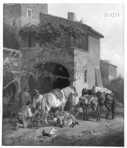 Horses in front of the smithery, 1843, Heinrich Bürkel