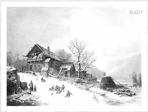 Winterlandschaft mit Bauernhaus und Kindern, 1843, Heinrich Bürkel