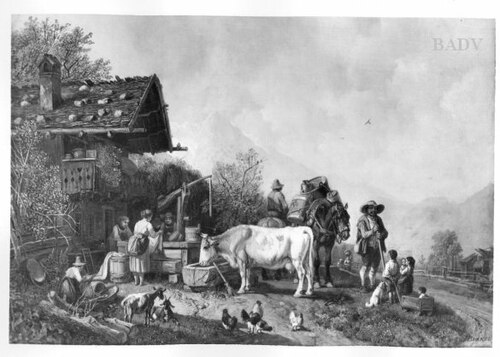 Bauern und Viehtränke in Gebirgslandschaft, 1843, Heinrich Bürkel
