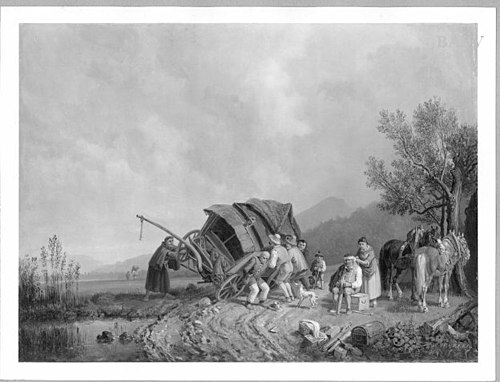 Umgefallener Bierwagen im Gebirge, 1843, Heinrich Bürkel