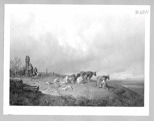 Bavarian landscape with cattle + shepherds, 1843, Heinrich Bürkel