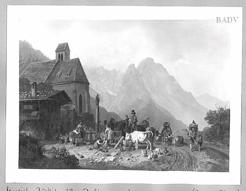 rest at a fountain near a church in the mountains, 1846, Heinrich Bürkel
