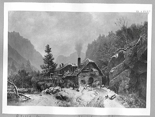 winterlandscape with smithery, 1843, Heinrich Bürkel