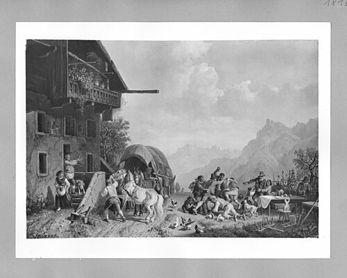 Rauferei vor einem Wirtshaus, 1843, Heinrich Bürkel