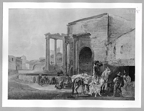 Street scene near an old Roman arch, 1832, Heinrich Bürkel