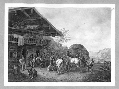 hay carriage in front of a peasant-house, 1827, Heinrich Bürkel