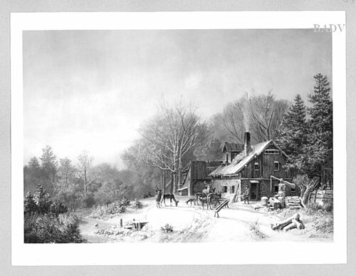 Winterlandschaft mit Forsthaus und Wildfütterung, 1843, Heinrich Bürkel