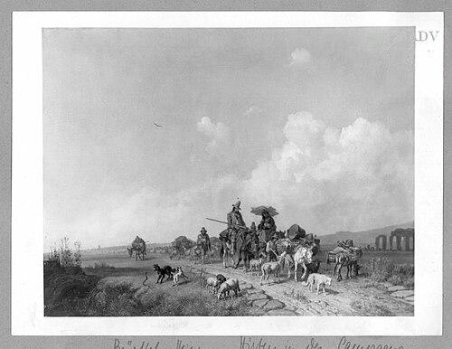 train of shepherds+sheep in the Campagna., 1837, Heinrich Bürkel