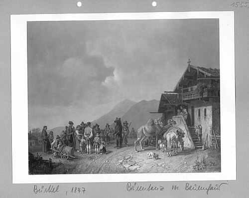 Bärentanz vor einem Bauernhaus, 1847, Heinrich Bürkel