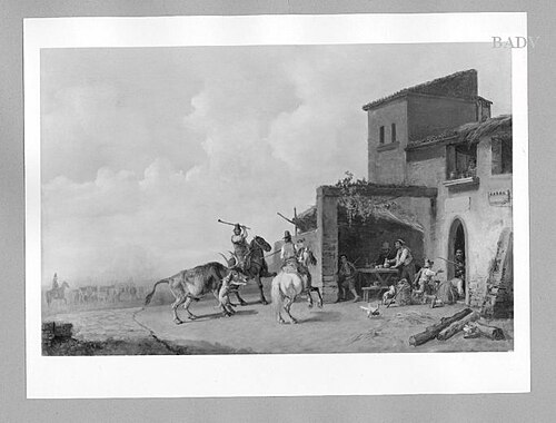 Wilder Stier und zwei Reiter vor einer italienischen Schenke, 1827, Heinrich Bürkel