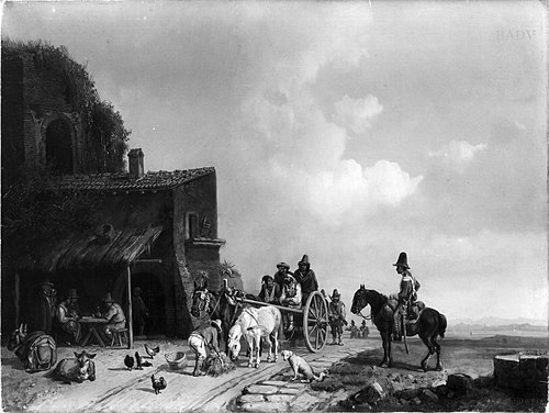 Gefangene auf einem Karren vor einer italienischen Schenke, 1827, Heinrich Bürkel