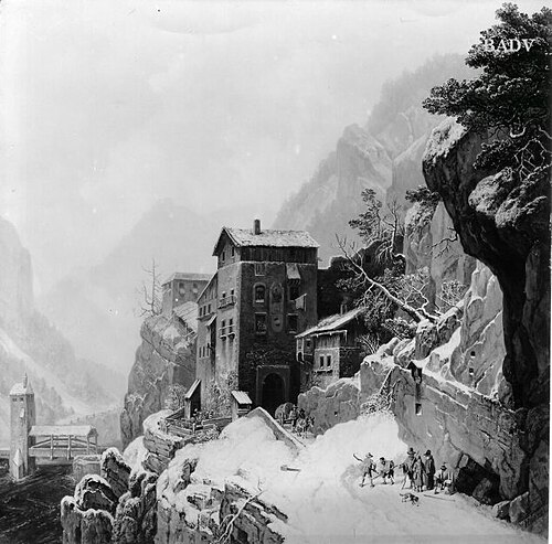 Bergstädtchen im Schnee (Finstermünzpass), 1827, Heinrich Bürkel