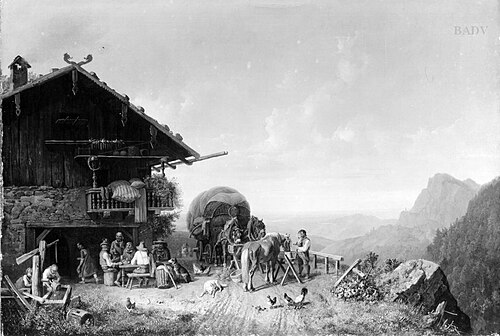 Bach vor einem Tiroler Wirtshaus, 1827, Heinrich Bürkel