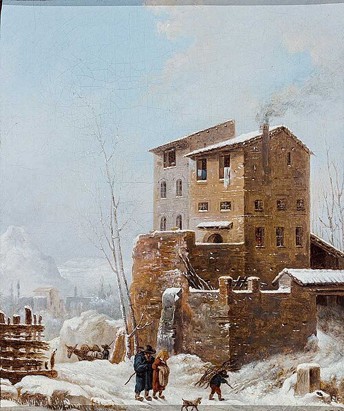 Winterlandschaft mit Gehöft und Figurenstaffage., 1836, Heinrich Bürkel