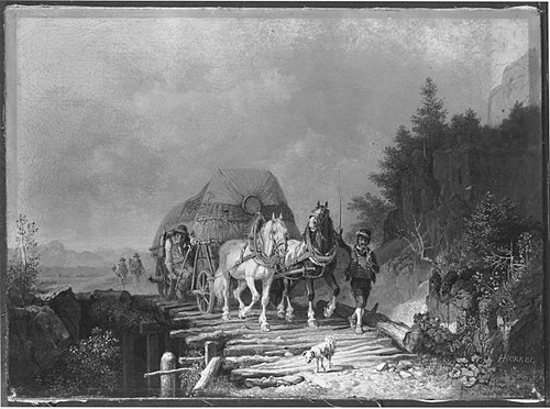 Erntewagen auf einer Holzbrücke, 1860, Heinrich Bürkel