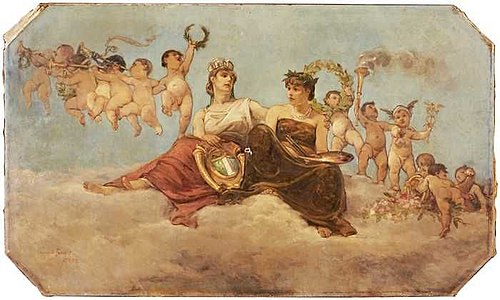 Plafondstuk met allegorische voorstelling van Rotterdam als stad van kunst en handel: wolkenhemel me, 1883, Jakob Smits