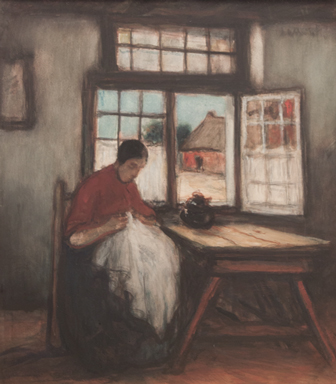 Kempisch interieur met naaister, , Jakob Smits