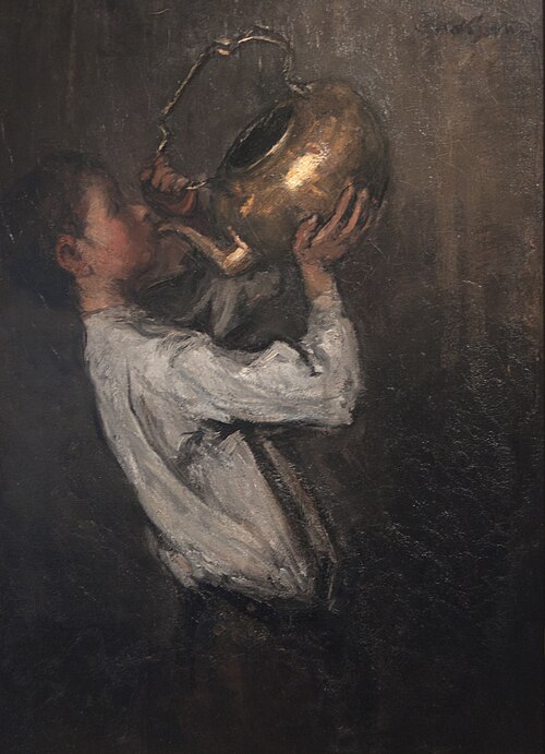 Knaap die drinkt uit waterketel, , Jakob Smits