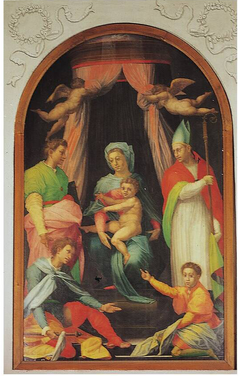 Vierge à l'enfant entre les saints Jean l'Évangéliste, Thomas de Canterbury, Roch et Jean-Baptiste., 1528, Jacone