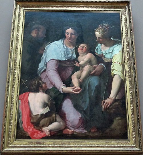 La Vierge et l'Enfant Jésus adoré par saint Jean Baptiste, saint François d'Assise et sainte Catheri, 1575, Pieter de Witte